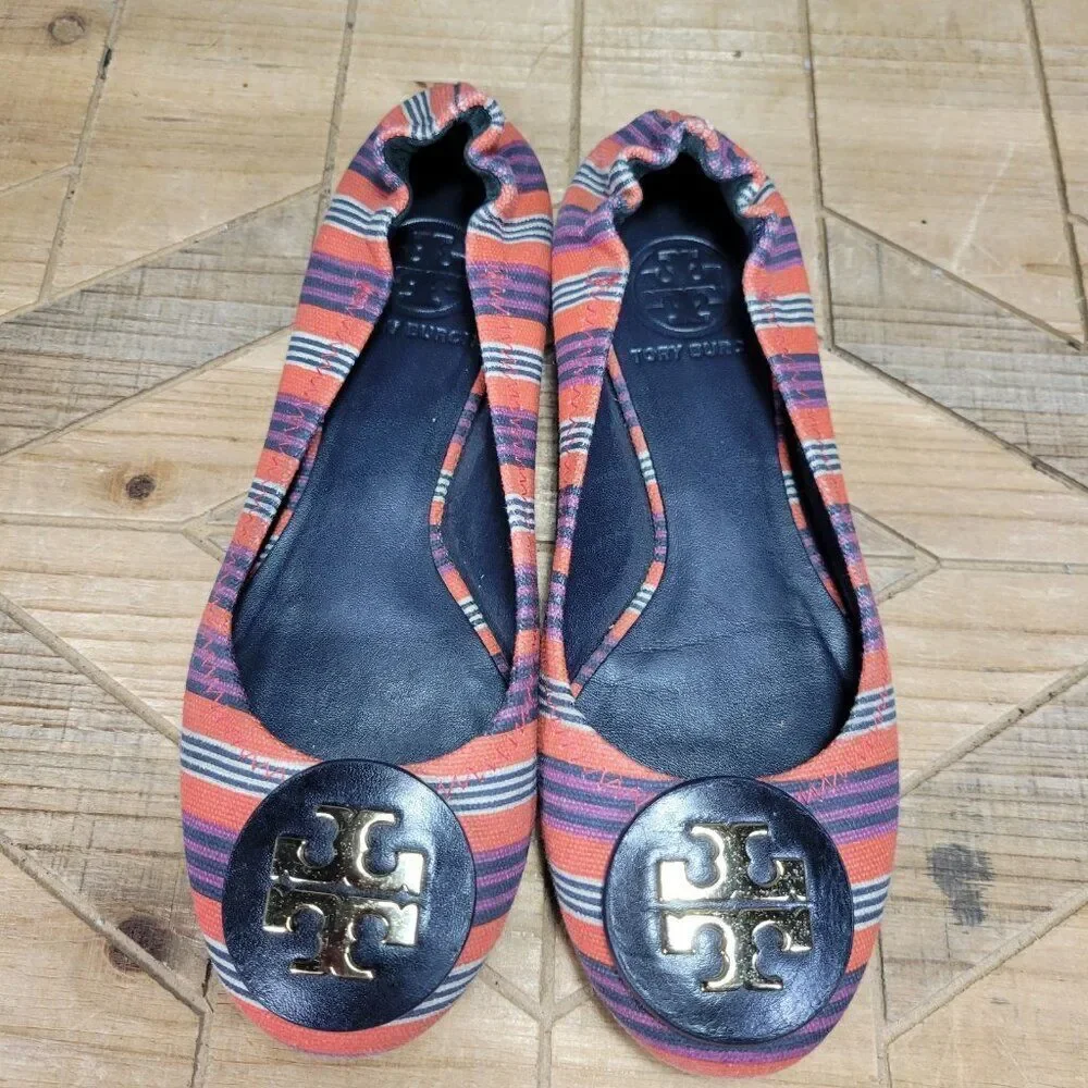 Tory Burch Reva‎ Bauer 5.5M Ballet Flats Slip On Shoes Red Multi Stripe Canvas